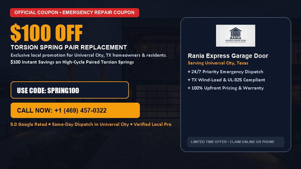Rania Express Garage Door $100 OFF Dual Torsion Spring Replacement in Universal City, TX