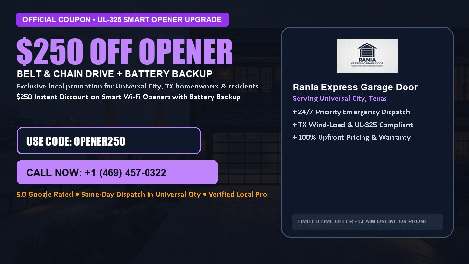 Rania Express Garage Door $250 OFF Premium LiftMaster Opener Installation in Universal City, TX