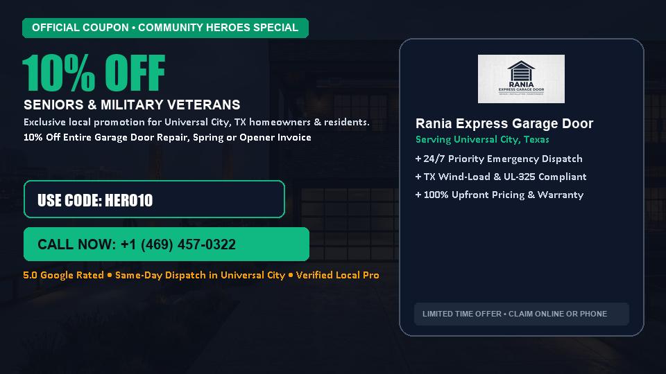 Rania Express Garage Door 10% OFF Seniors & Military Veterans in Universal City, TX